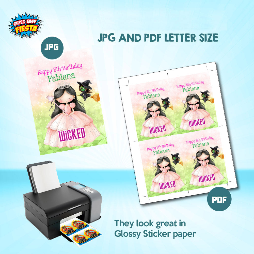 Wicked Black Hair Pink Princess Birthday Water Juice Labels, Brunette Glinda Capri. 1747WJC