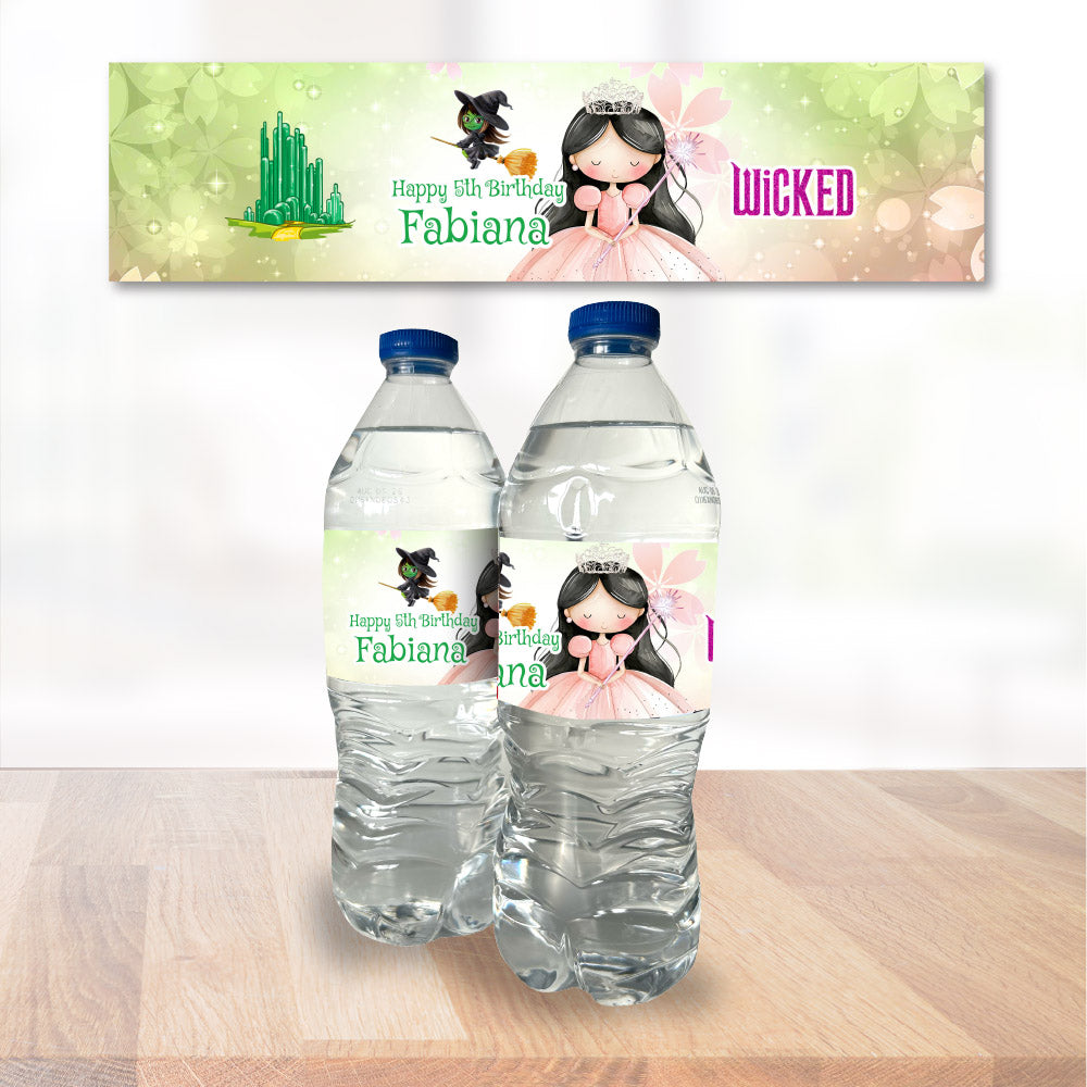 Wicked Brunette Dark Hair Glinda Birthday Party Water Bottle Labels. 1747WJW