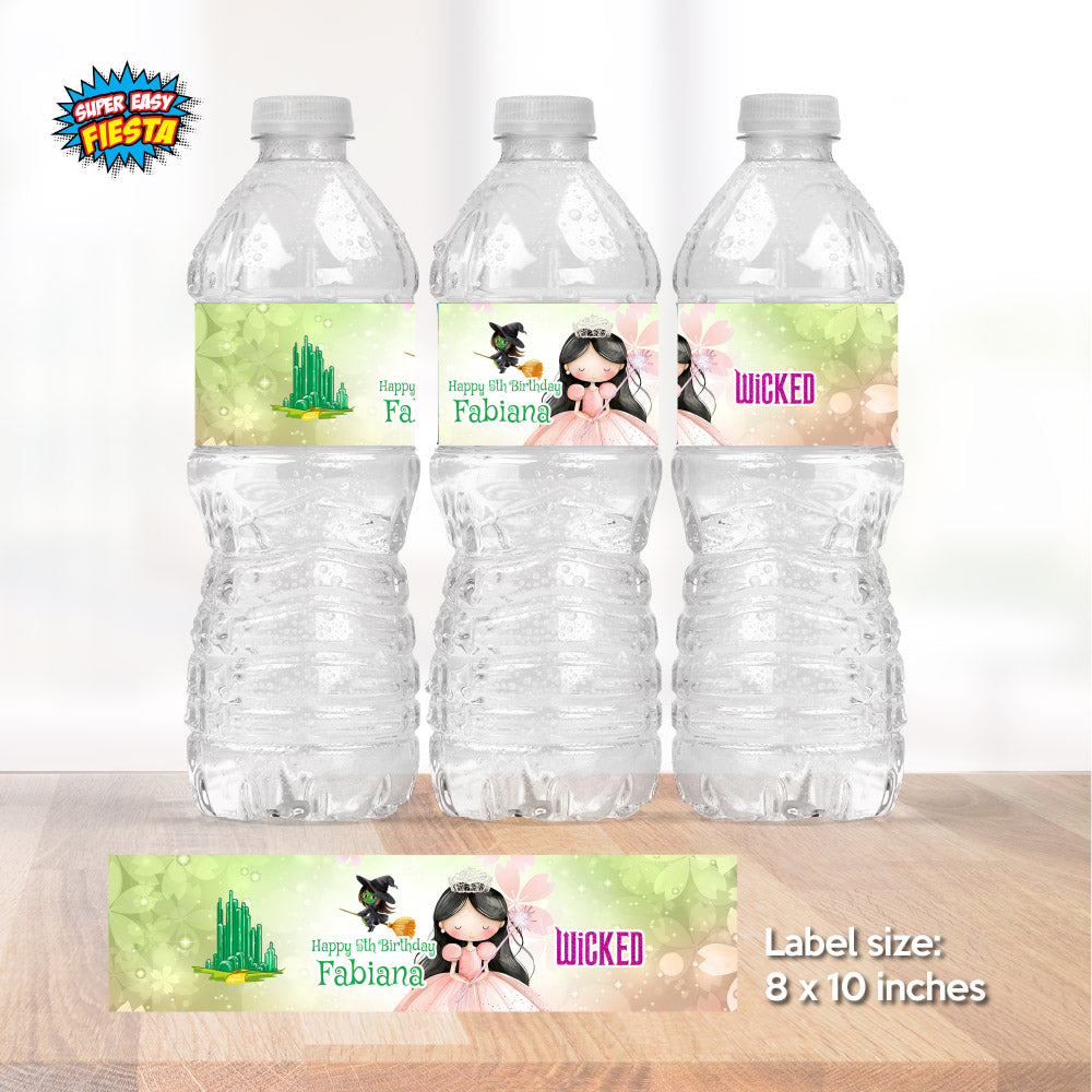 Wicked Brunette Dark Hair Glinda Birthday Party Water Bottle Labels. 1747WJW