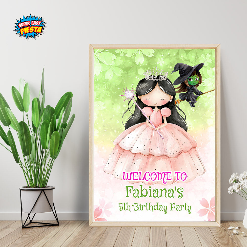 Wicked Hair Dark Brunette Glinda birthday Welcome sign. (16x20" or 20x30"). 1747WS