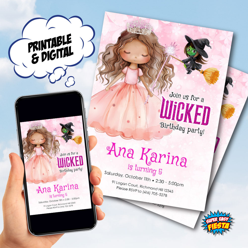 Customizable African American Good Witch Wicked Birthday Invitation, Dark Glinda Invitation. 1748IN