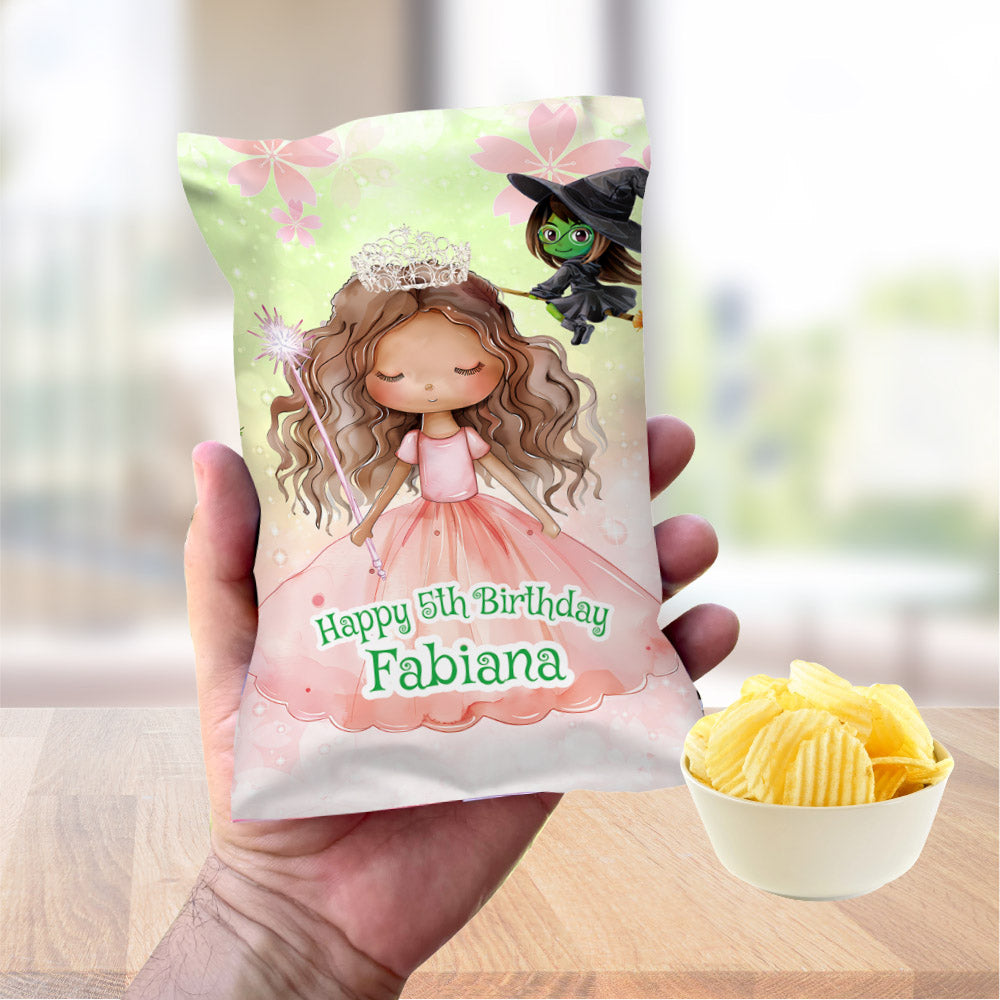 Wicked African American Glinda Party Chip Bag Wrappers, Glinda snacks labels. 1749CB