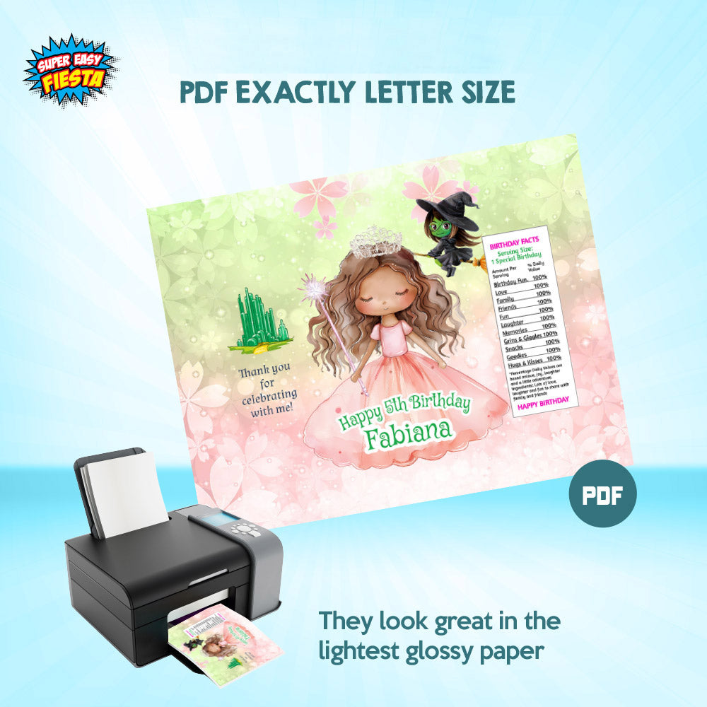 Wicked African American Glinda Party Chip Bag Wrappers, Glinda snacks labels. 1749CB