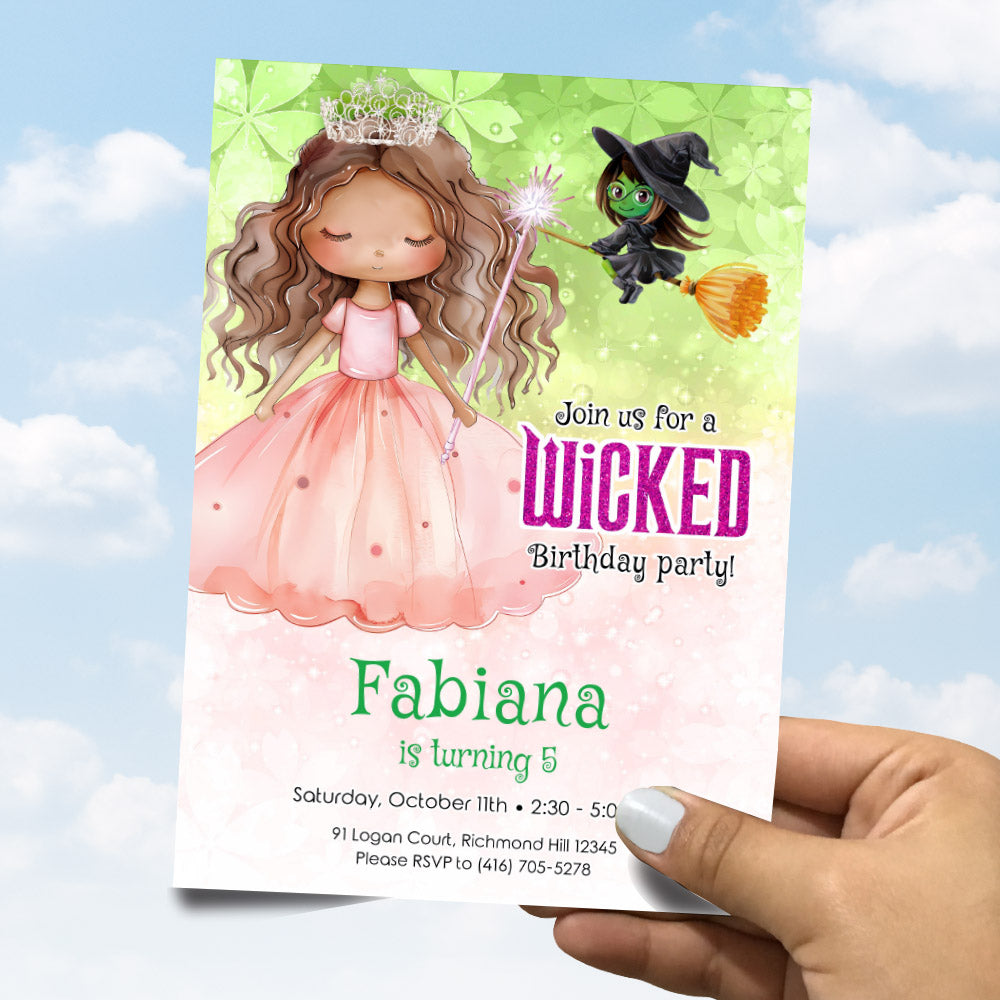 African American Glinda Wicked birthday Invitation, Wicked princess theme party invite. 1749IN