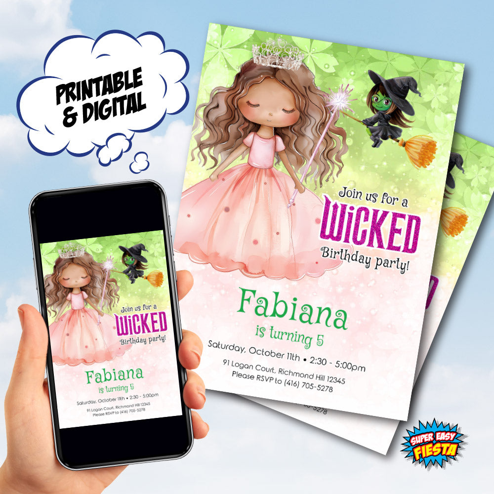 African American Glinda Wicked birthday Invitation, Wicked princess theme party invite. 1749IN