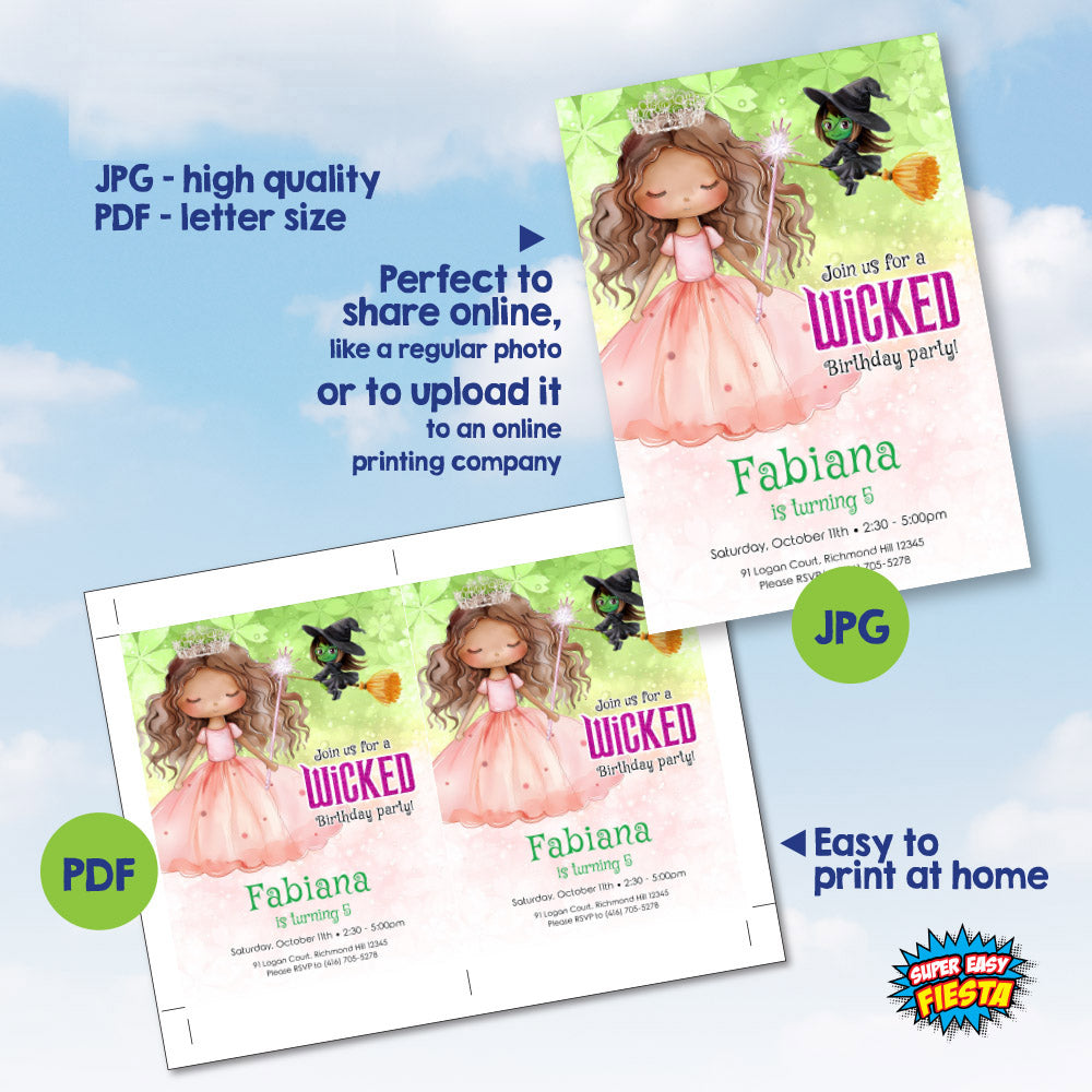 African American Glinda Wicked birthday Invitation, Wicked princess theme party invite. 1749IN