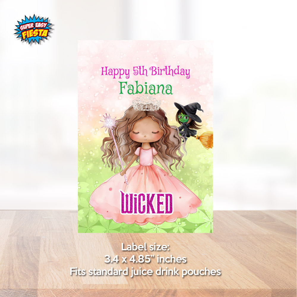 African American Glinda Birthday Capri Sun Labels, Pink Wicked Princess party drinks. 1749WJC