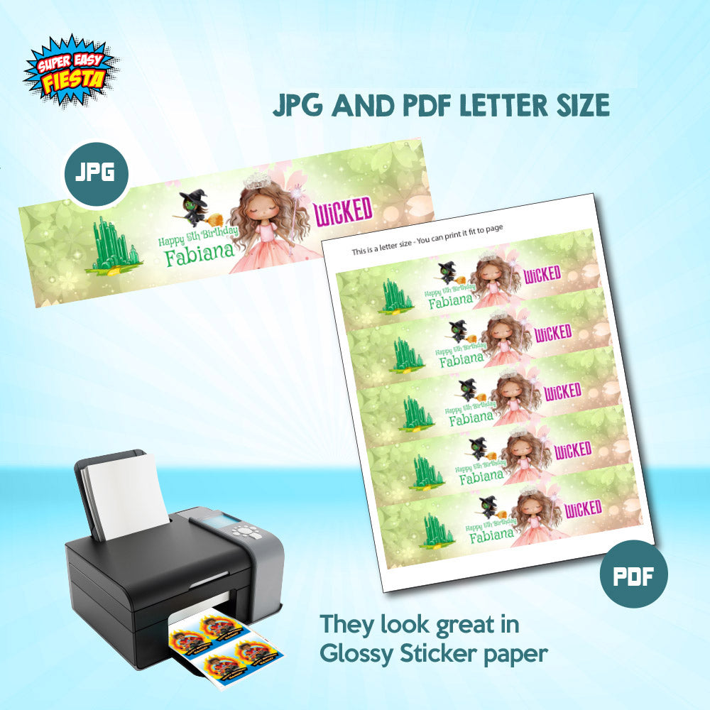 African American Glinda Birthday Water Juice Labels, Pink Wicked Princess water. 1749WJW