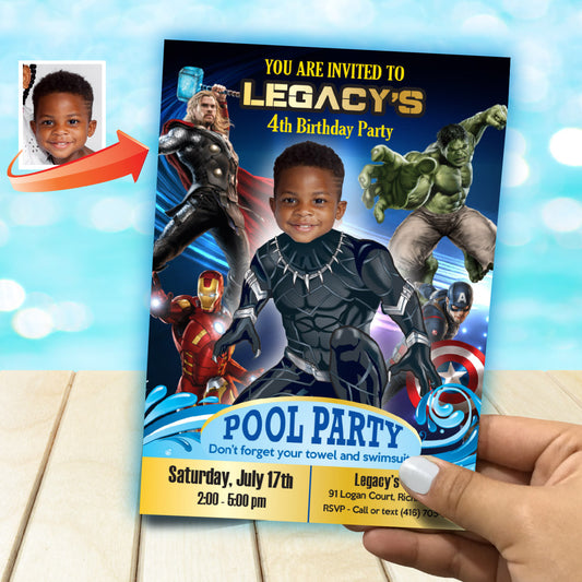 Black Panther Pool Party Invitation with your child as the star, Wakanda splash party. 174