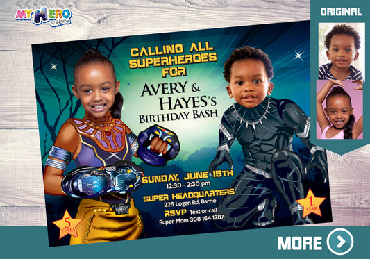 Superheroes Wakanda Birthday Invitation with Kids as Black Panther and Shuri. 175