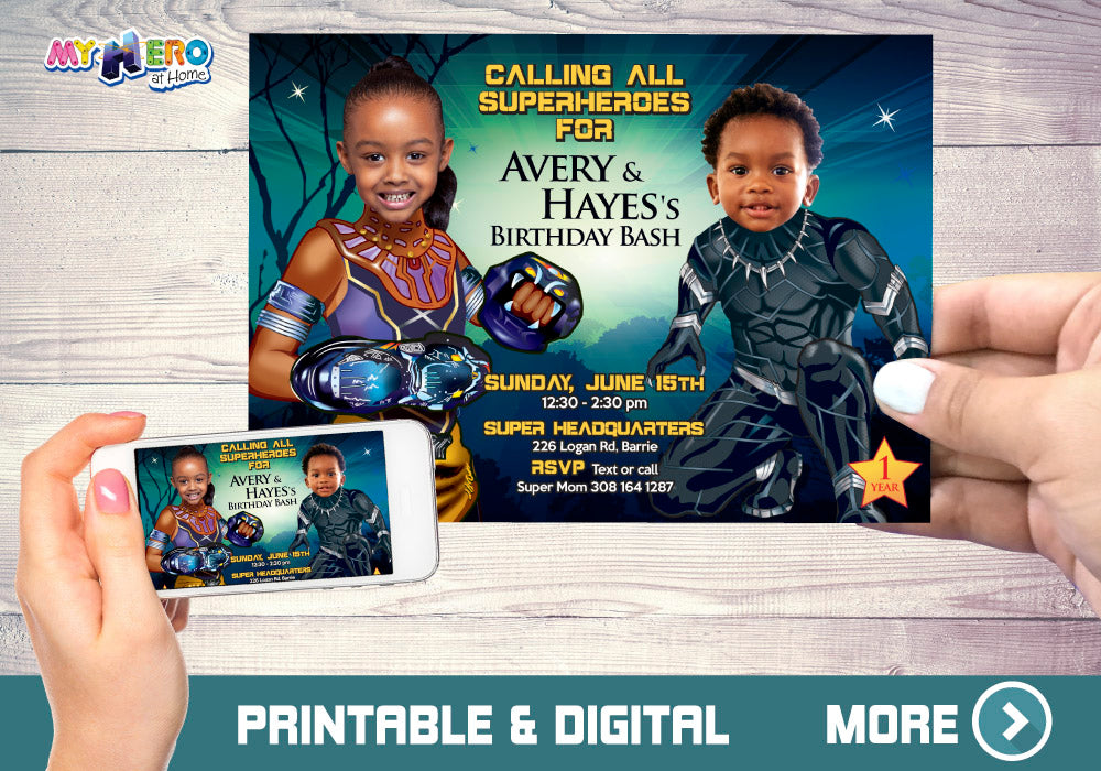 Superheroes Wakanda Birthday Invitation with Kids as Black Panther and Shuri. 175