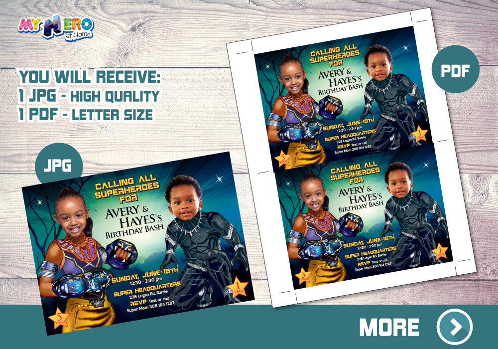 Superheroes Wakanda Birthday Invitation with Kids as Black Panther and Shuri. 175
