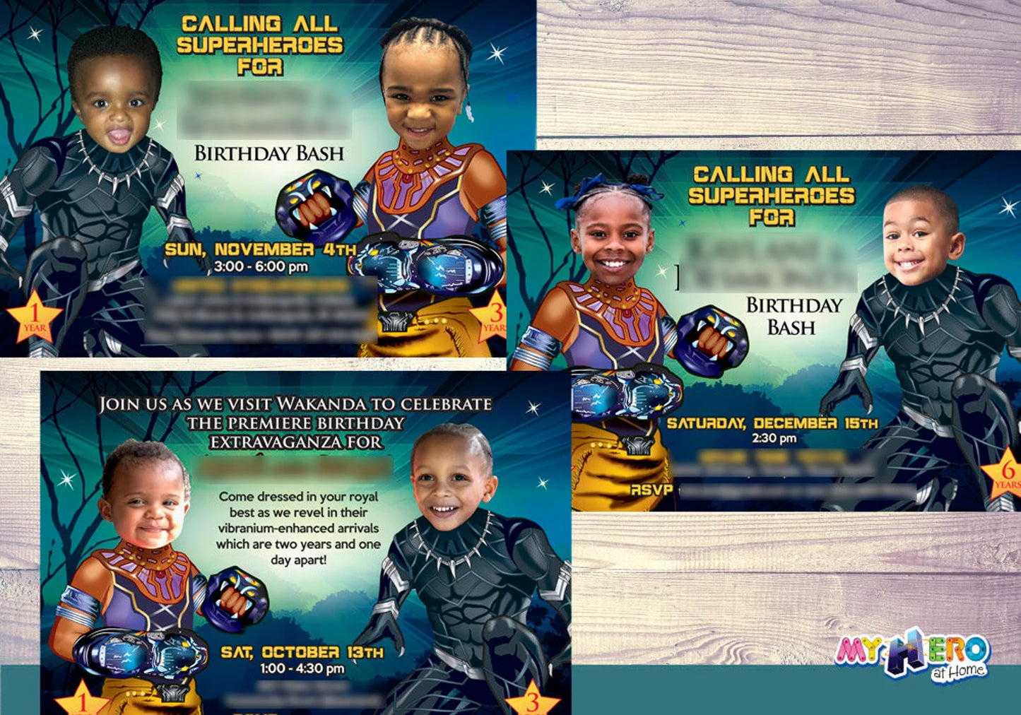 Superheroes Wakanda Birthday Invitation with Kids as Black Panther and Shuri. 175