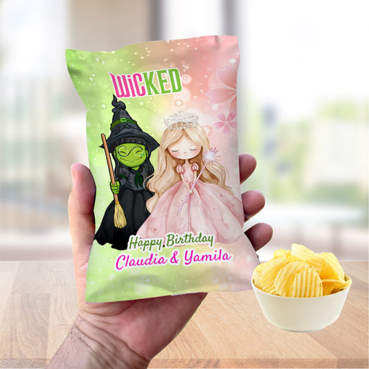 Wicked Witch and Princess Party Chip Bag Wrappers, Elphie & Glinda Snacks bags. 1773CB