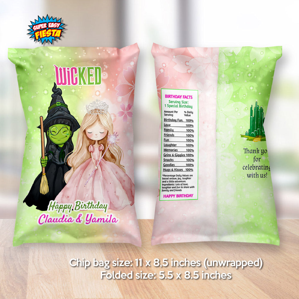 Wicked Witch and Princess Party Chip Bag Wrappers, Elphie & Glinda Snacks bags. 1773CB