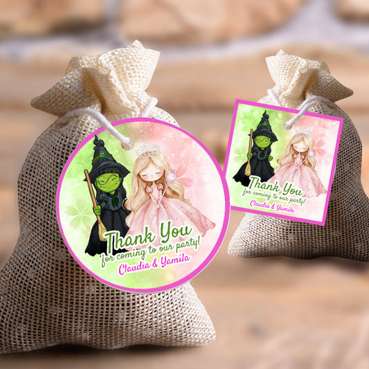 Wicked Siblings Party Favor Tags: Pink and Green Round and Square Watercolor tags. 1773FT