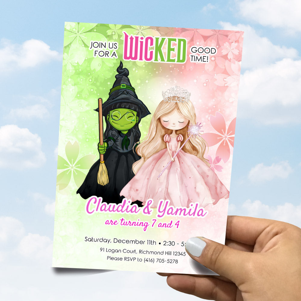 Wicked Little Elphaba and Glinda birthday invitation, Watercolor Green and Pink Witches party Template. 1773IN