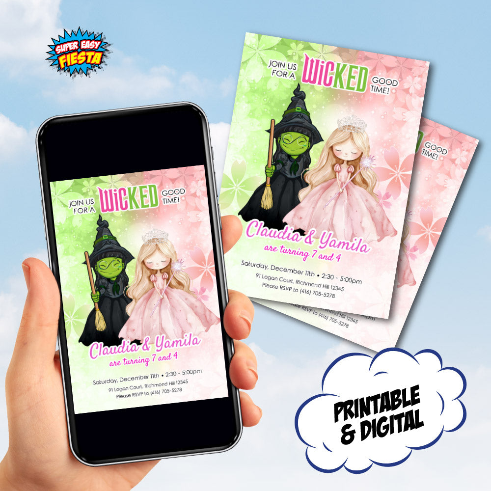 Wicked Little Elphaba and Glinda birthday invitation, Watercolor Green and Pink Witches party Template. 1773IN