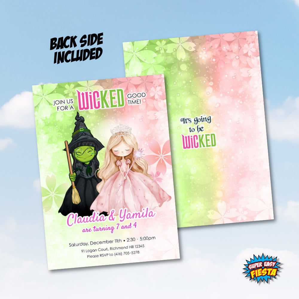 Wicked Little Elphaba and Glinda birthday invitation, Watercolor Green and Pink Witches party Template. 1773IN