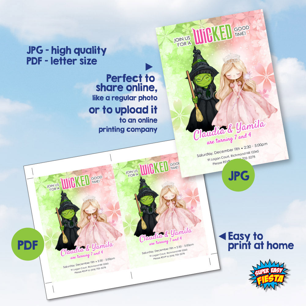 Wicked Little Elphaba and Glinda birthday invitation, Watercolor Green and Pink Witches party Template. 1773IN