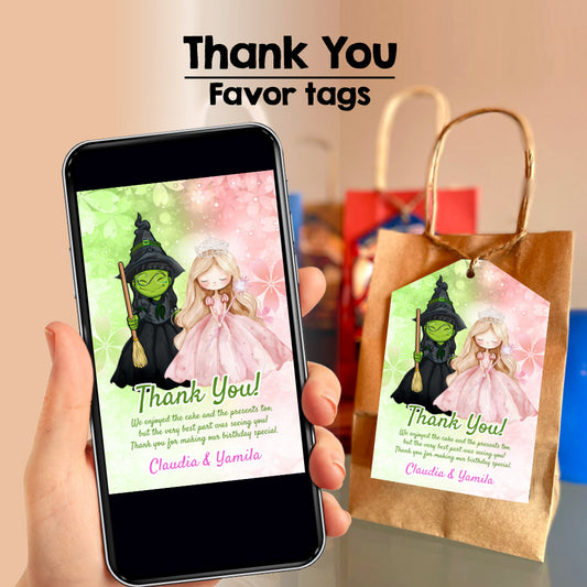 Wicked Pink Princess and Green Witch Thank You Favor Tags, Elphie and Glinda Thank You. 1773TY