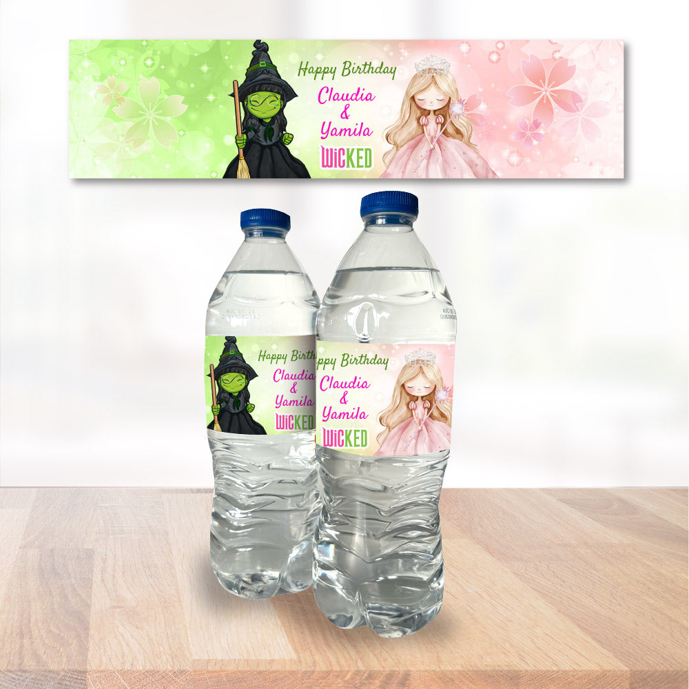 Wicked Elphaba and Glinda Water Bottle Labels: Joint Birthday Party water wrappers.  1773WJW