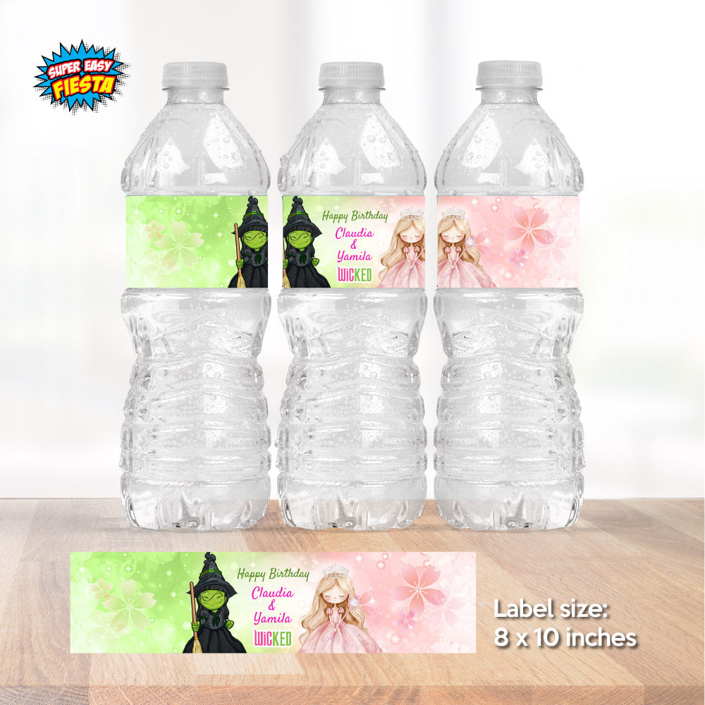 Wicked Elphaba and Glinda Water Bottle Labels: Joint Birthday Party water wrappers.  1773WJW
