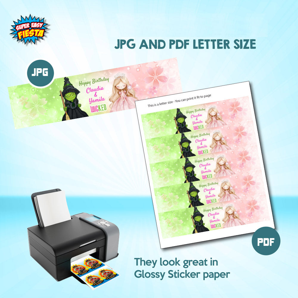 Wicked Elphaba and Glinda Water Bottle Labels: Joint Birthday Party water wrappers.  1773WJW