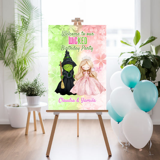 Joint Elphaba and Glinda Watercolor Welcome sign. Wicked birthday entrance sign. 1773WS