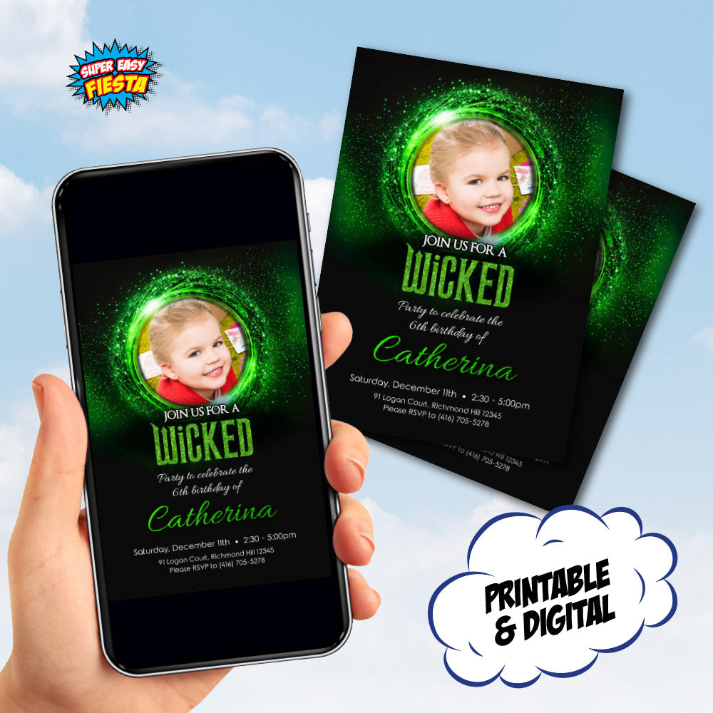 Customizable Wicked party invitation with photo of birthday girl, Wicked invitation with photo. 1774IN