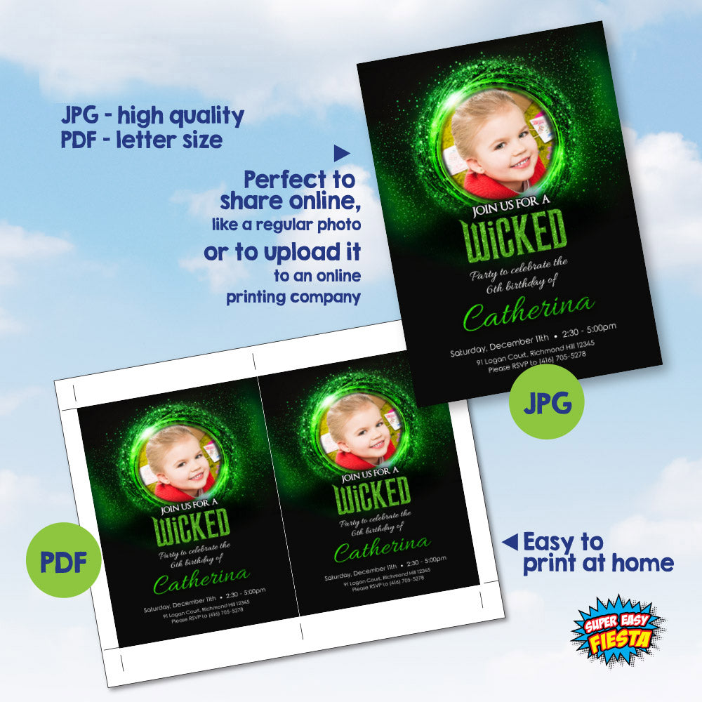 Customizable Wicked party invitation with photo of birthday girl, Wicked invitation with photo. 1774IN