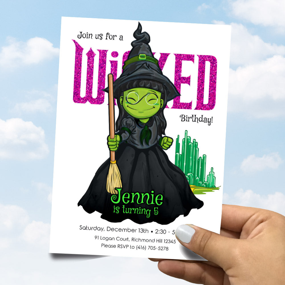 Elphaba Watercolor Birthday Invitation, Wicked Theme Party, Green & Pink Magic, Printable Digital Invitation. 1777IN