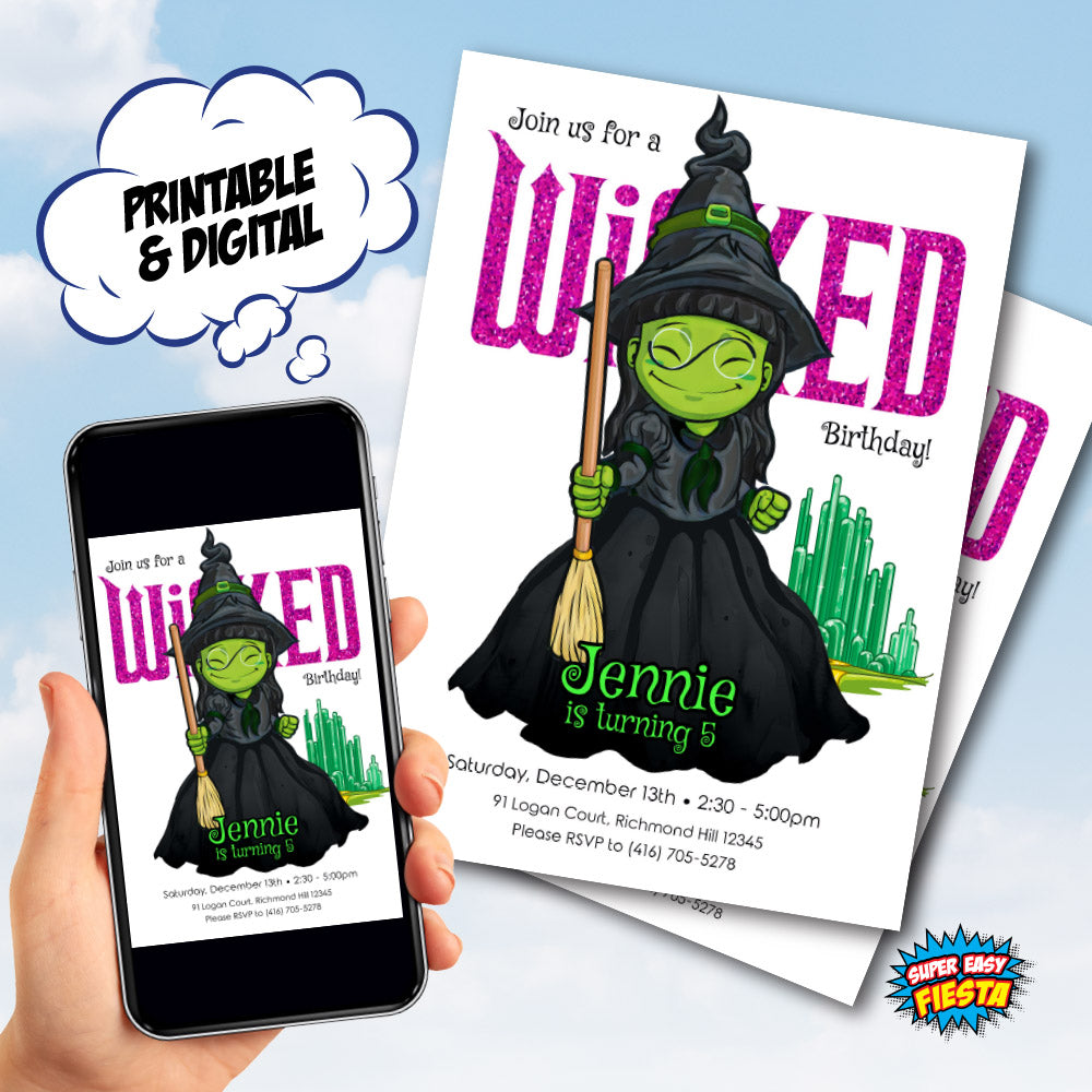 Elphaba Watercolor Birthday Invitation, Wicked Theme Party, Green & Pink Magic, Printable Digital Invitation. 1777IN