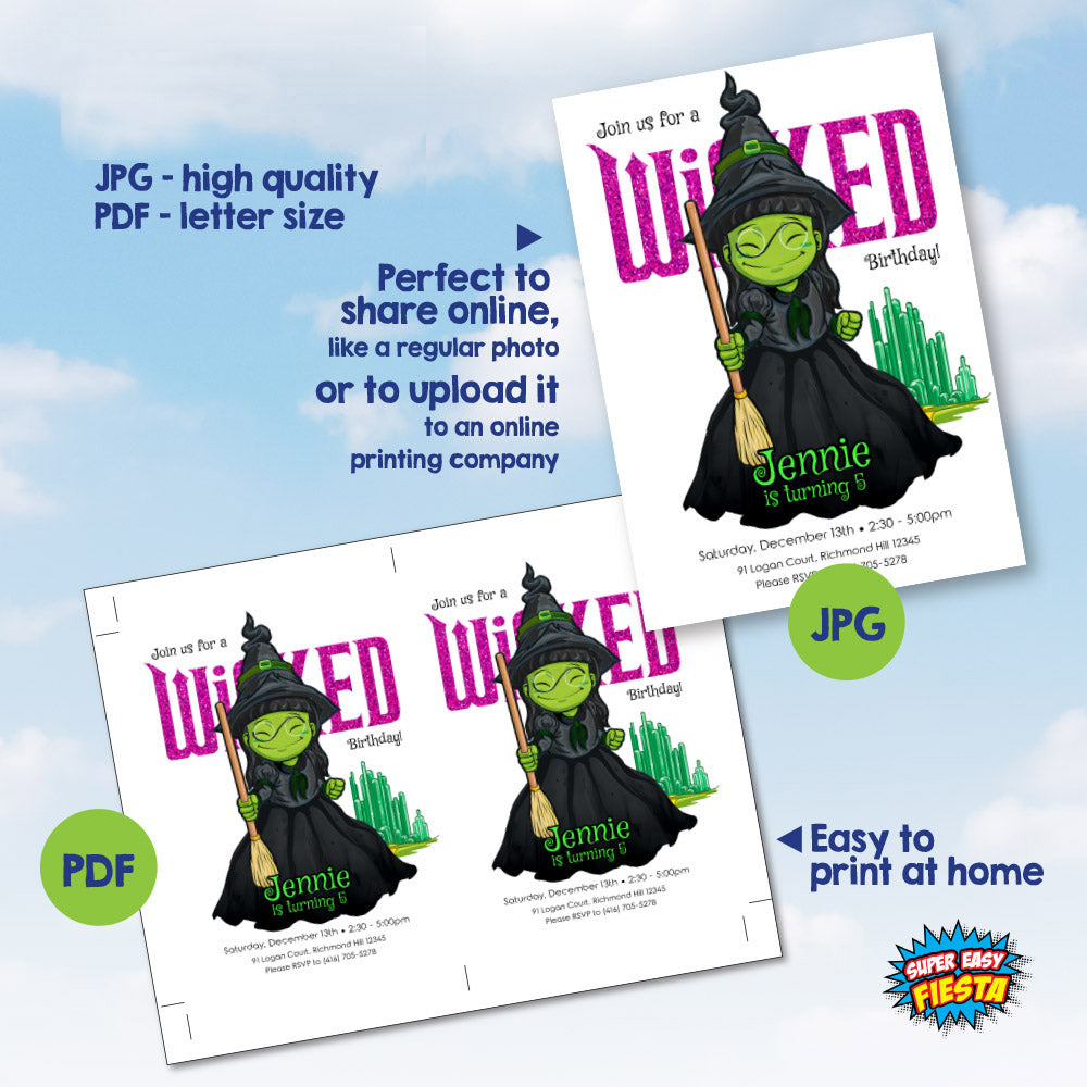 Elphaba Watercolor Birthday Invitation, Wicked Theme Party, Green & Pink Magic, Printable Digital Invitation. 1777IN