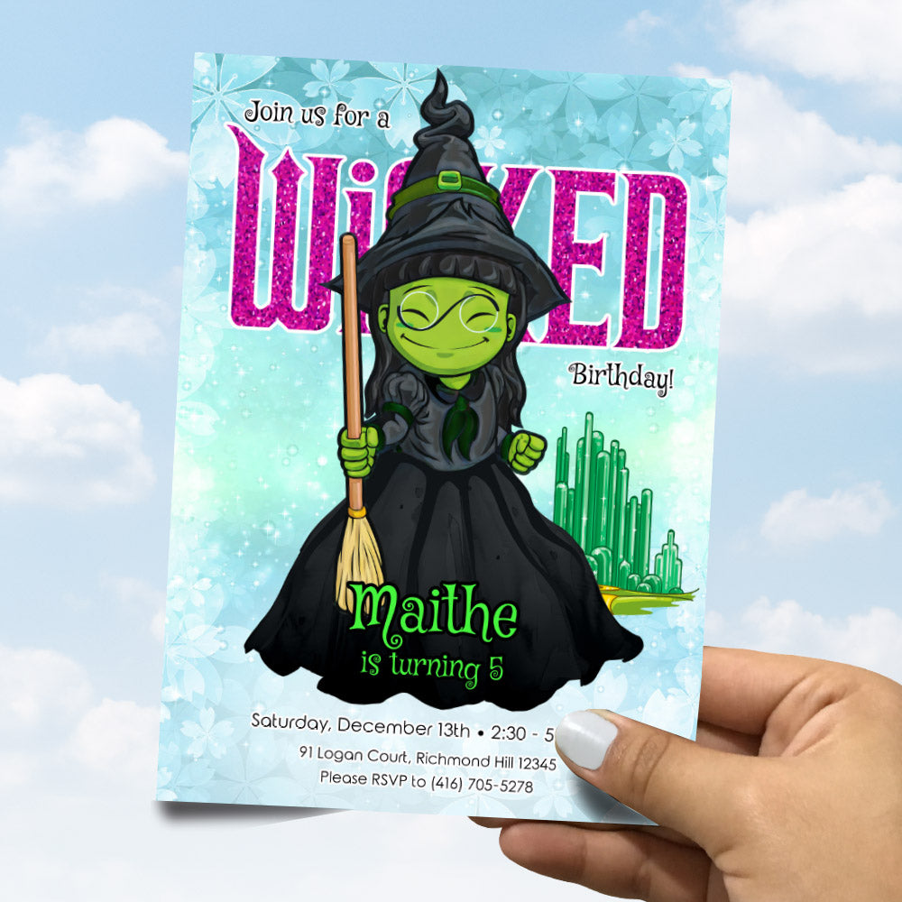 Watercolor Wicked Witch Invitation, Elphaba Birthday Party template, Magical Oz Theme party invite. 1778IN