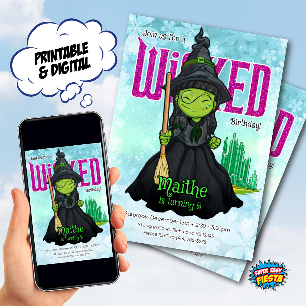 Watercolor Wicked Witch Invitation, Elphaba Birthday Party template, Magical Oz Theme party invite. 1778IN