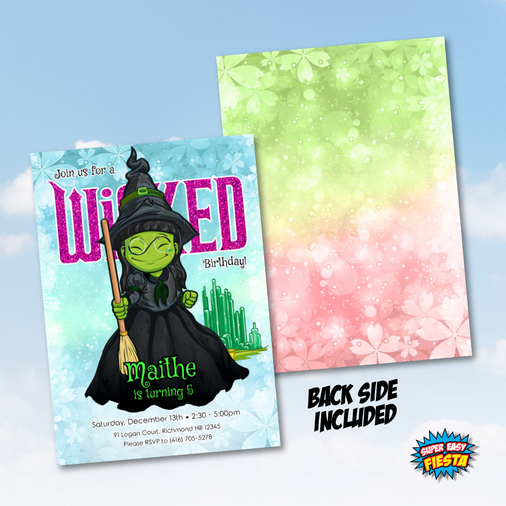 Watercolor Wicked Witch Invitation, Elphaba Birthday Party template, Magical Oz Theme party invite. 1778IN