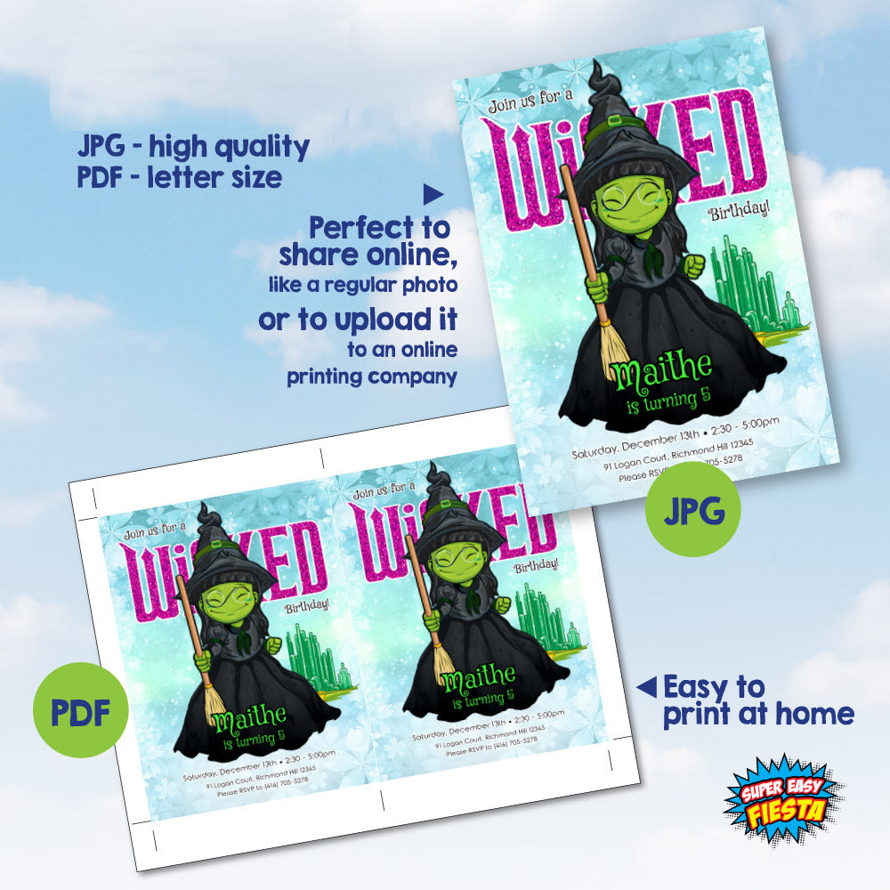 Watercolor Wicked Witch Invitation, Elphaba Birthday Party template, Magical Oz Theme party invite. 1778IN
