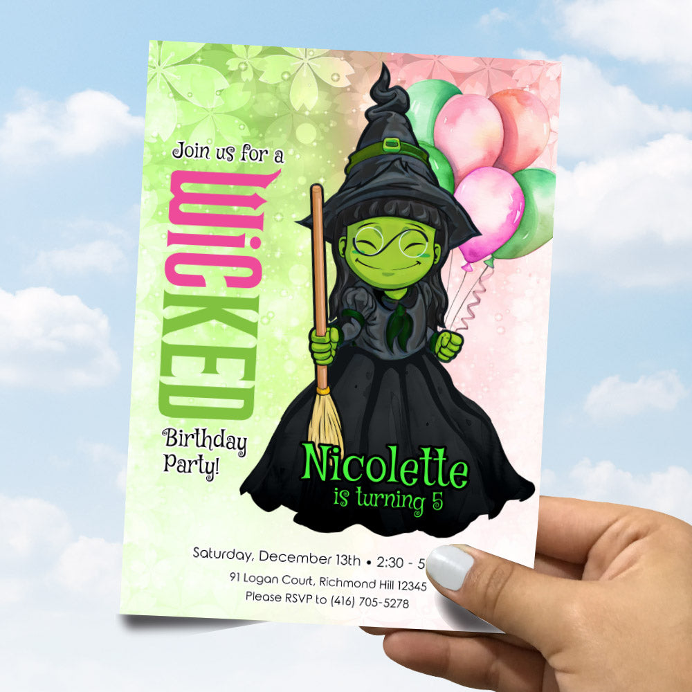 Witch Elphaba Watercolo Birthday Invitation, Oz Wicked Green witch party template 1780IN