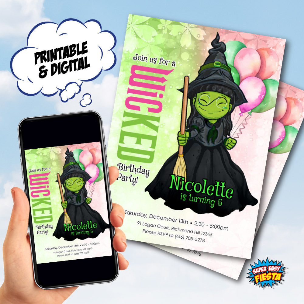 Witch Elphaba Watercolo Birthday Invitation, Oz Wicked Green witch party template 1780IN