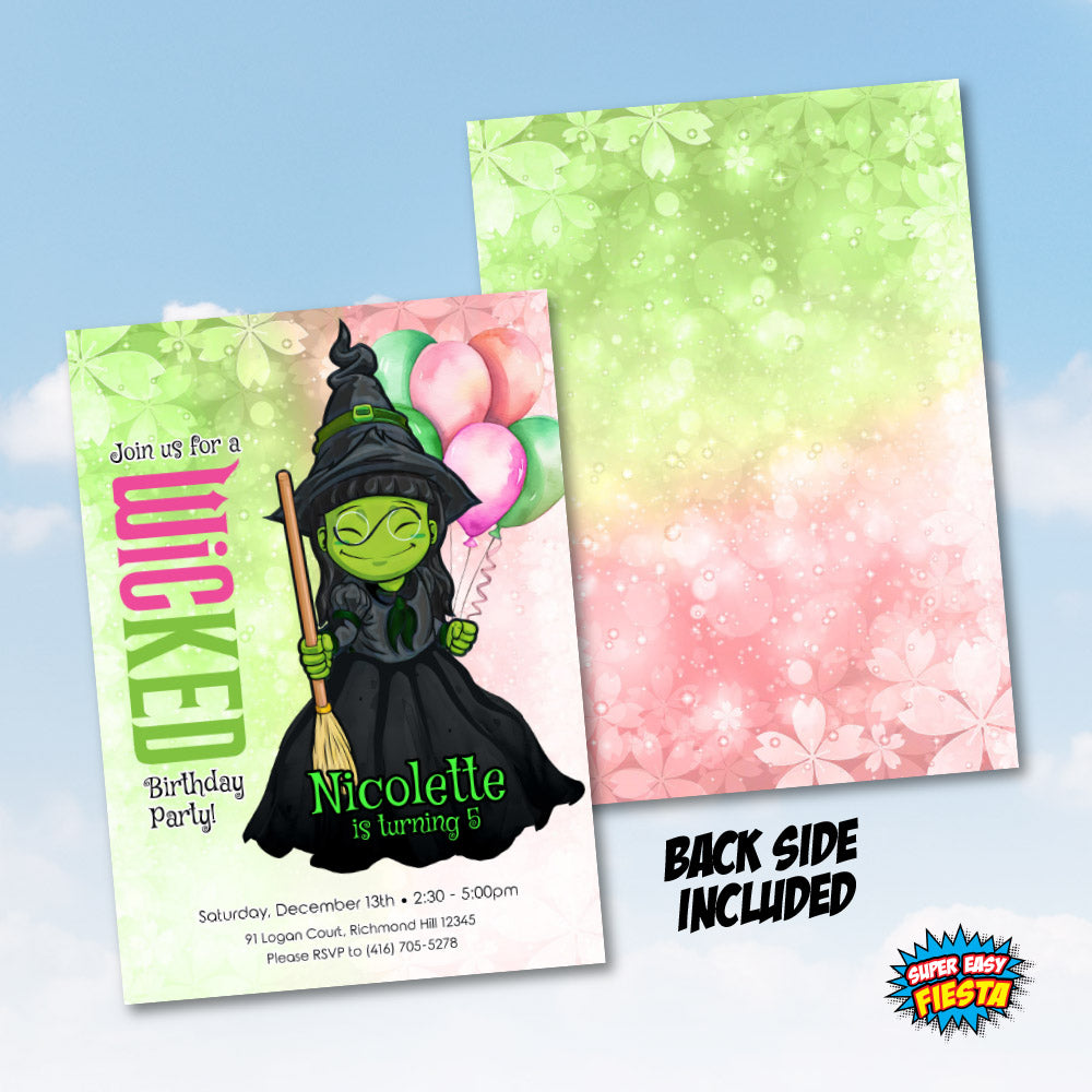 Witch Elphaba Watercolo Birthday Invitation, Oz Wicked Green witch party template 1780IN