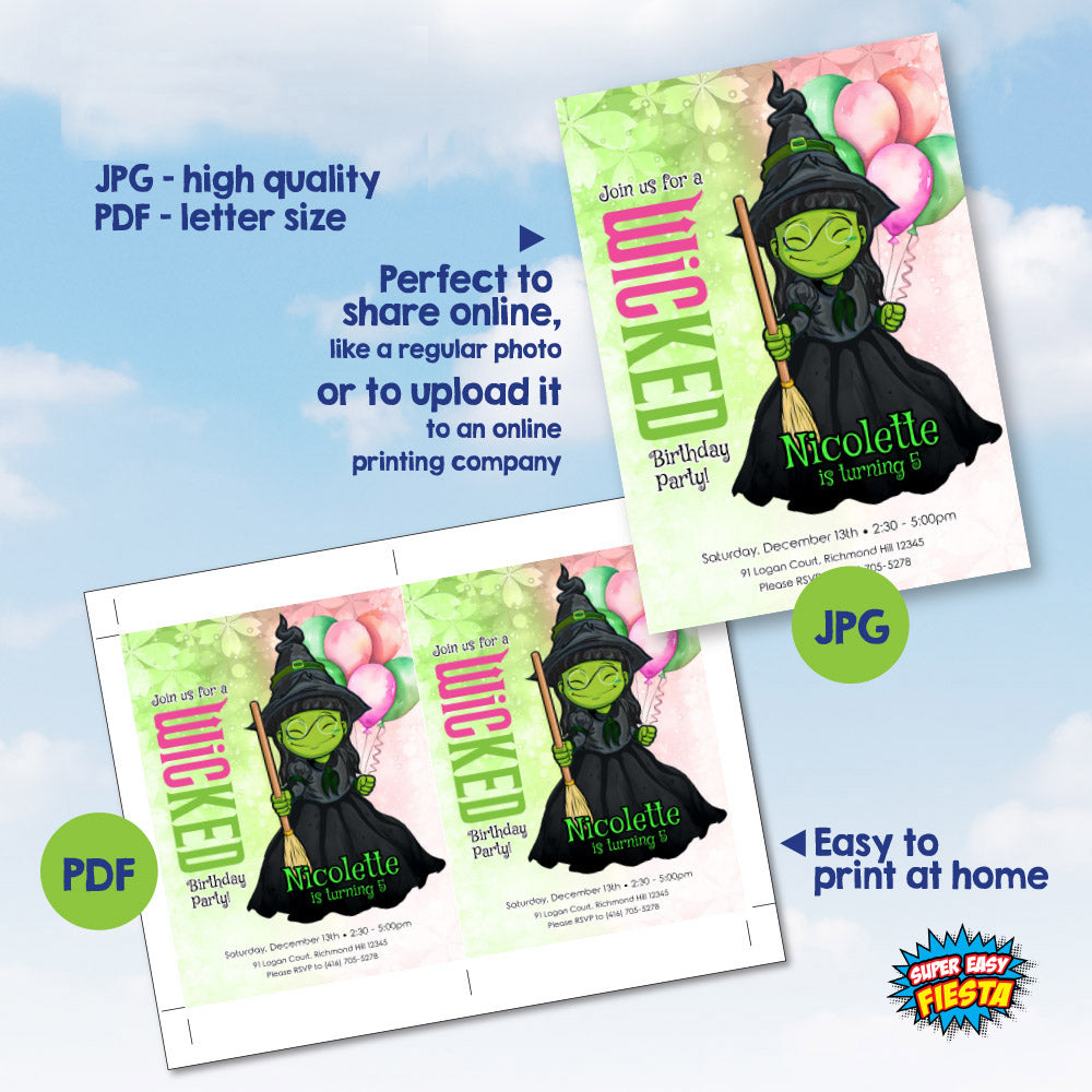 Witch Elphaba Watercolo Birthday Invitation, Oz Wicked Green witch party template 1780IN