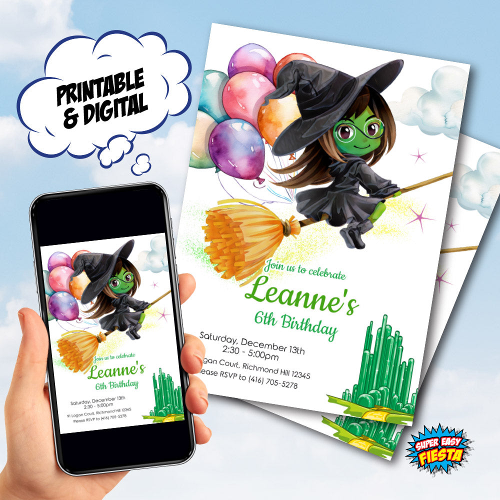 Watercolor Elphaba Birthday Invitation, Wicked Witch Party Invite, Magical Oz Watercolor. 1783IN