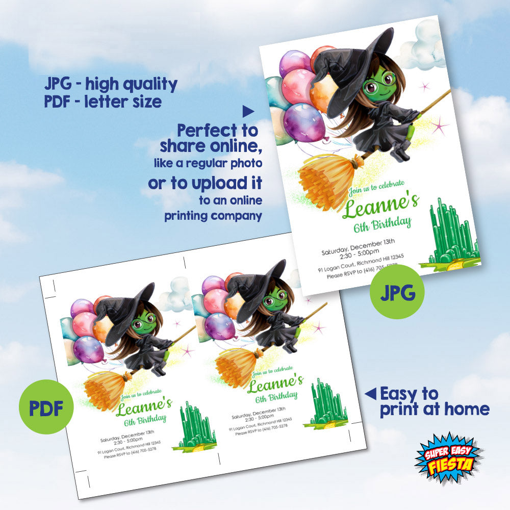 Watercolor Elphaba Birthday Invitation, Wicked Witch Party Invite, Magical Oz Watercolor. 1783IN