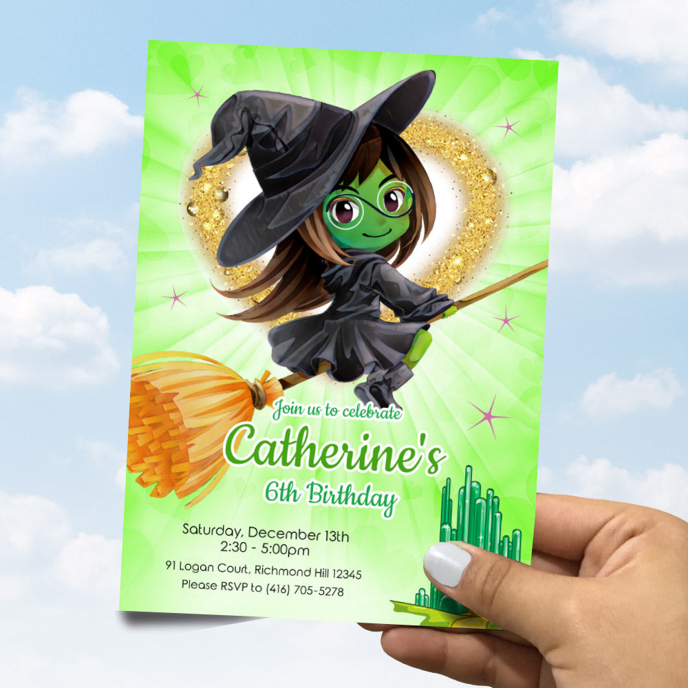 Wicked Elphaba Witch Birthday Invitation, Green witch Wicked party invitation 1784IN