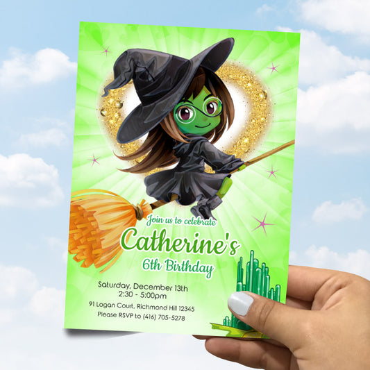 Wicked Elphaba Witch Birthday Invitation, Green witch Wicked party invitation 1784IN