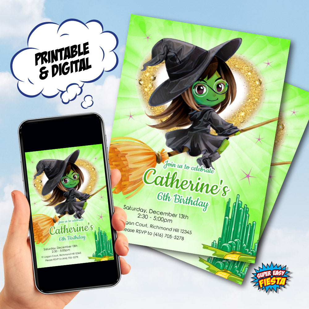 Wicked Elphaba Witch Birthday Invitation, Green witch Wicked party invitation 1784IN