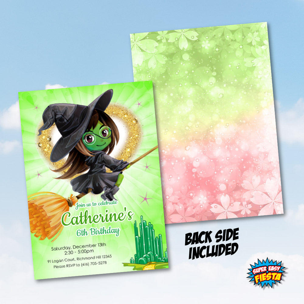 Wicked Elphaba Witch Birthday Invitation, Green witch Wicked party invitation 1784IN