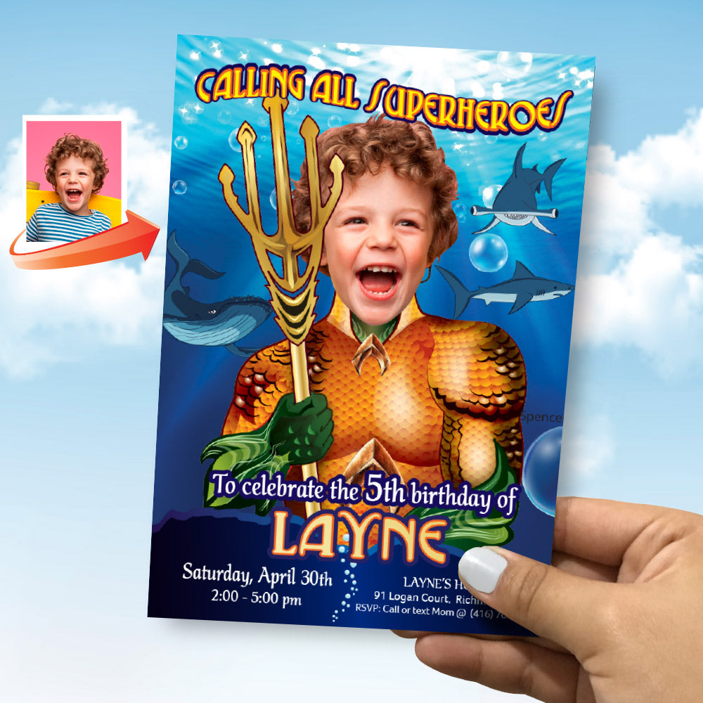 Aquaman Party invitation with kid as Aquaman, Aquaman theme Party, Aquaman themed Birthday. 188IN