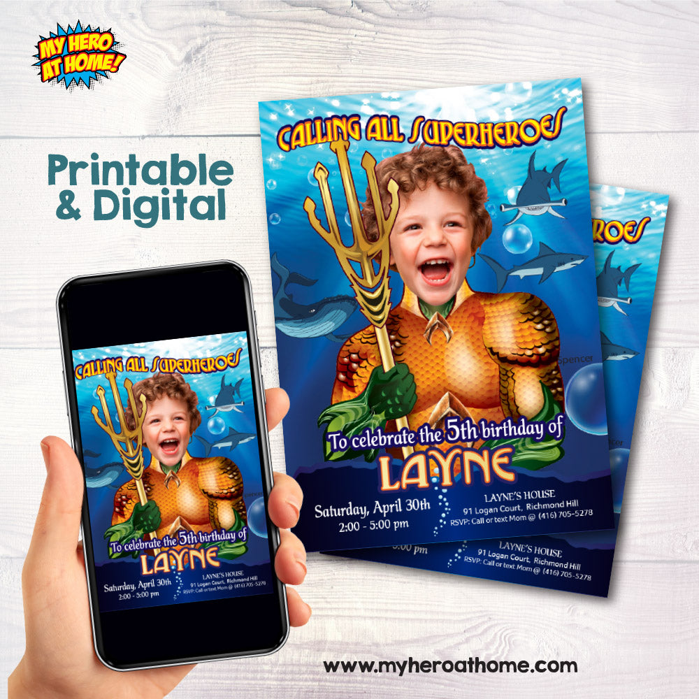 Aquaman Party invitation with kid as Aquaman, Aquaman theme Party, Aquaman themed Birthday. 188IN
